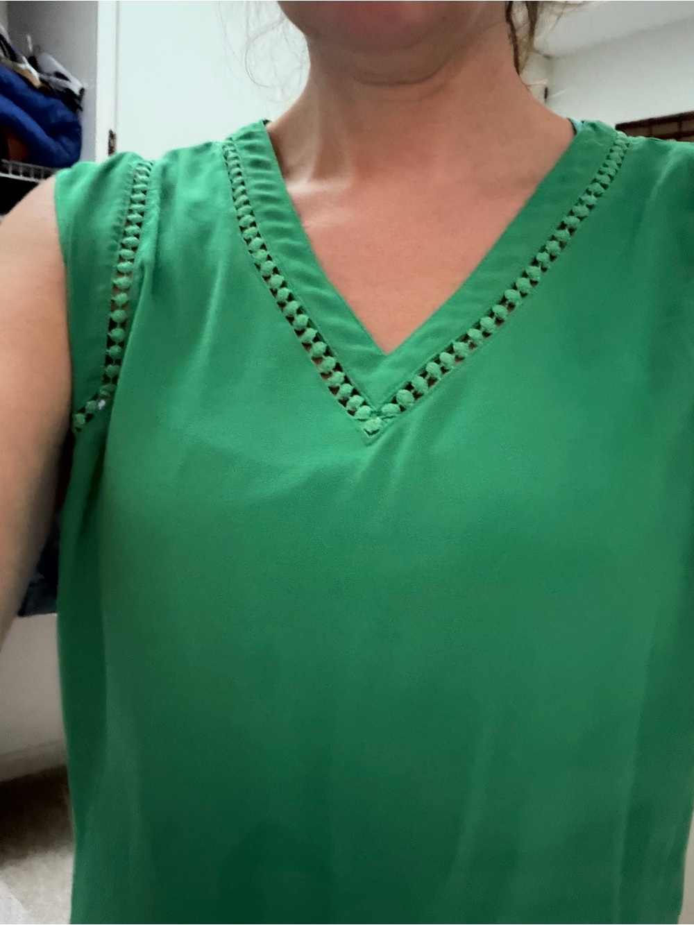 41 Hawthorn Green V-Neck Sleeveless Blouse with Ladder Lace Trim